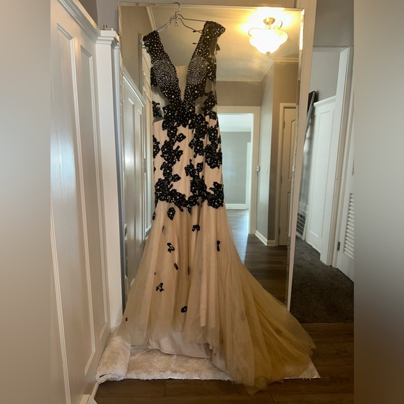 Nude and black gown mesh low cut front prom dress - Picture 13 of 15